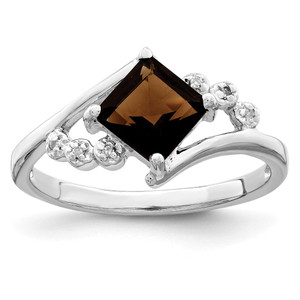 Sterling Silver Rhodium Princess-cut Smoky Quartz & Diamond Ring - QR-B626F553-6326