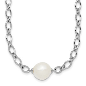 Sterling Silver Rhodium-plated 12-13mm Semi-Round White Freshwater Cultured Pearl Center and Open Link Cable Chain 18 inch Necklace