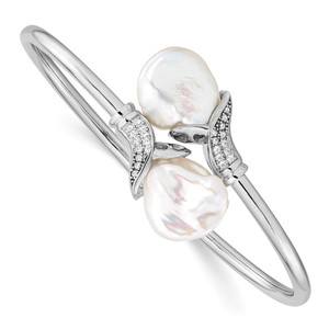Sterling Silver Rhodium-plated 16-17mm White Keshi Freshwater Cultured Pearl and CZ Flexible Bangle
