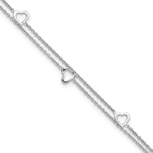 Sterling Silver Rhodium-plated 2-Strand 9 in Plus 1in ext. Heart Anklet