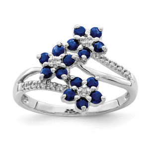 Sterling Silver Rhodium-plated 3 Flower Sapphire and Diamond Ring - QR-5F250074-4694