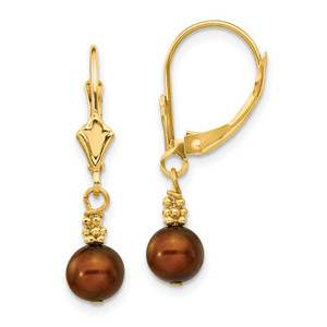 14k 5-6mm Brown Semi-round Freshwater Cultured Pearl Dangle Leverback Earrings - XF-B9555A70-3429
