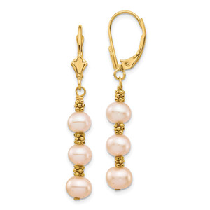 14k 5-6mm Pink Semi-Round Freshwater Cultured Pearl Dangle Leverback Earrings