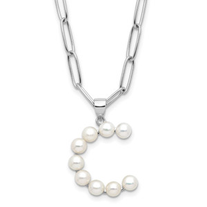 Sterling Silver Rhodium-plated 3-5.5mm White Button Freshwater Cultured Pearl LETTER C 18 inch Necklace