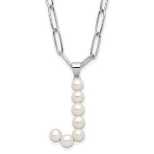 Sterling Silver Rhodium-plated 3-5.5mm White Button Freshwater Cultured Pearl LETTER J 18 inch Necklace