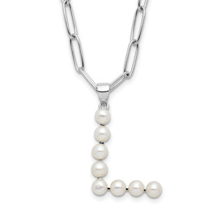 Sterling Silver Rhodium-plated 3-5.5mm White Button Freshwater Cultured Pearl LETTER L 18 inch Necklace