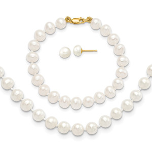 14k 5-6mm White Freshwater Cultured Pearl 5 inch Bracelet, 14 inch Necklace and Post Earrings Set - XF-6D13C859-8729