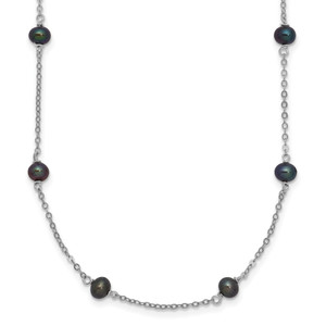 Sterling Silver Rhodium-plated 4-5mm Black Semi-Round Freshwater Cultured Pearl 8-Station 16 inch Necklace