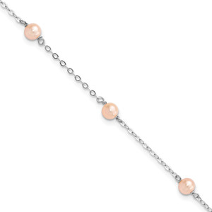Sterling Silver Rhodium-plated 4-5mm Pink Semi-Round Freshwater Cultured Pearl 3-Station 5 inch with 1 inch Extension Children's Bracelet