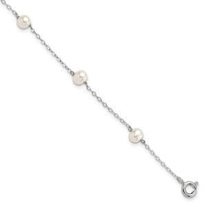 Sterling Silver Rhodium-plated 4-5mm White Semi-Round Freshwater Cultured Pearl 5-Station 7 inch Bracelet