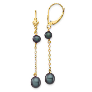 14k 5-7mm Black Rice and Semi-Round Freshwater Cultured Pearl Dangle Leverback Earrings