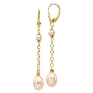 14k 5-8mm Pink Rice and Semi-Round Freshwater Cultured Pearl Dangle Leverback Earrings