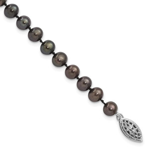 Sterling Silver Rhodium-plated 5-6mm Black Near-Round Freshwater Cultured Pearl 7.25 inch Bracelet