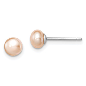 Sterling Silver Rhodium-plated 5-6mm Pink Button Freshwater Cultured Pearl Post Earrings