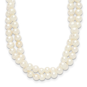 Sterling Silver Rhodium-plated 5-6mm Semi-Round White Freshwater Cultured Pearl 2-Strand 14 inch with 2 inch Extender Choker