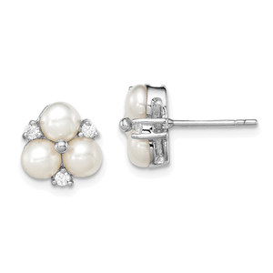Sterling Silver Rhodium-plated 5-6mm White Button Freshwater Cultured 3-Pearl and CZ Post Earrings