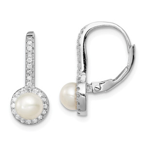 Sterling Silver Rhodium-plated 5-6mm White Button Freshwater Cultured Pearl and CZ Halo Leverback Dangle Earrings