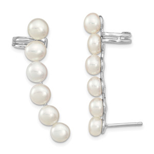 Sterling Silver Rhodium-plated 5-6mm White Button Freshwater Cultured Pearl Post Ear Climber and Cuff Earrings