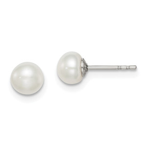 Sterling Silver Rhodium-plated 5-6mm White Button Freshwater Cultured Pearl Post Earrings