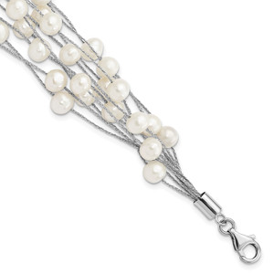 Sterling Silver Rhodium-plated 5-6mm White Semi-Round Freshwater Cultured Pearl Multi Strand 7.25 inch Bracelet
