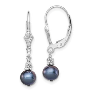 Sterling Silver Rhodium-plated 6-7mm Black Near-Round Freshwater Cultured Pearl Leverback Dangle Earrings