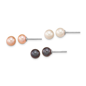 Sterling Silver Rhodium-plated 6-7mm Black, White and Pink Round Freshwater Cultured Pearl Set of 3 Post Earrings