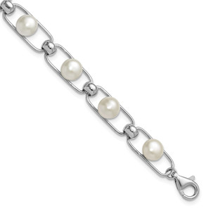 Sterling Silver Rhodium-plated 6-7mm Button White Freshwater Cultured Pearl 6.5 inch with 1 inch Extender Bracelet