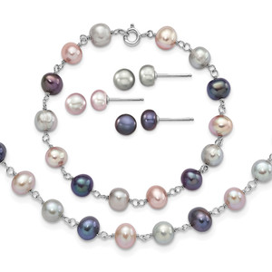 Sterling Silver Rhodium-plated 6-7mm Grey, Pink and Black Semi-Round Freshwater Cultured Pearl 18 inch Necklace, 7.25 inch Bracelet and 3-piece Button Post Earrings Set