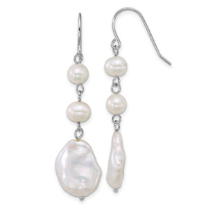 Sterling Silver Rhodium-plated 6-7mm Round and 11-12mm Keshi White Freshwater Cultured Pearl Dangle Shepherd Hook Earrings