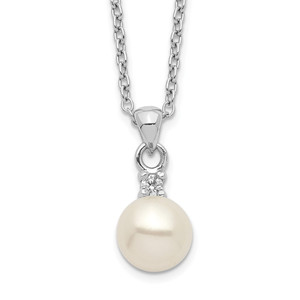 Sterling Silver Rhodium-plated 6-7mm White Button Freshwater Cultured Pearl and CZ 17 inch Necklace - QH-D765AC83-4838
