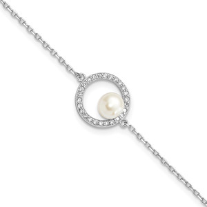 Sterling Silver Rhodium-plated 6-7mm White Button Freshwater Cultured Pearl and CZ 6.5 inch  with 1.25 inch Extension Bracelet