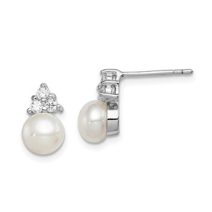 Sterling Silver Rhodium-plated 6-7mm White Button Freshwater Cultured Pearl and CZ Post Earrings - QE-4184AD0E-7618