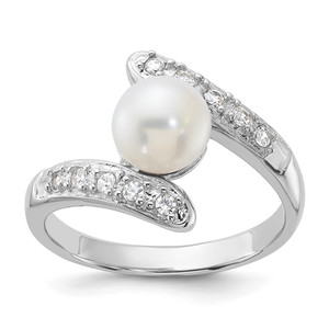 Sterling Silver Rhodium-plated 6-7mm White Freshwater Cultured Pearl and CZ Bypass Ring - QR-4AD04DB7-1023