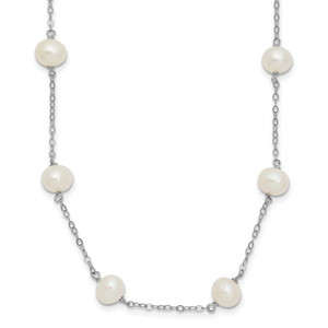 Sterling Silver Rhodium-plated 6-7mm White Near-Round Freshwater Cultured Pearl 14-Station 18 inch Necklace
