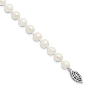 Sterling Silver Rhodium-plated 6-7mm White Near-Round Freshwater Cultured Pearl 7.25 inch Bracelet