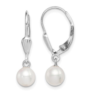 Sterling Silver Rhodium-plated 6-7mm White Round Freshwater Cultured Pearl Leverback Dangle Earrings - QE-8579BA1B-4592