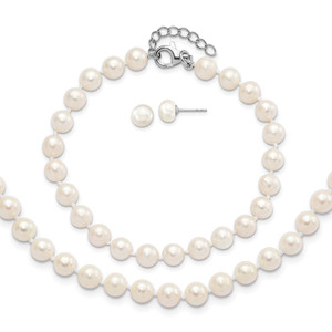 Sterling Silver Rhodium-plated 6-7mm White Semi-Round Freshwater Cultured Pearl 18 inch with 2 inch Extension Necklace, 7 inch Bracelet and Button Post Earrings Set
