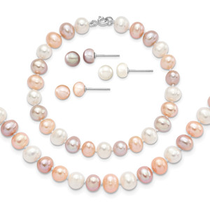 Sterling Silver Rhodium-plated 6-7mm White, Pink and Purple Semi-Round Freshwater Cultured Pearl 18 inch Necklace, 7.25 inch Bracelet and 3-piece Button Post Earrings Set - QH-5E3592C4-5731