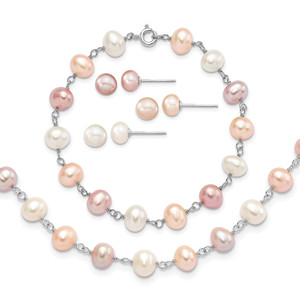 Sterling Silver Rhodium-plated 6-7mm White, Pink and Purple Semi-Round Freshwater Cultured Pearl 18 inch Necklace, 7.25 inch Bracelet and 3-piece Button Post Earrings Set - QH-76B0FB94-8106