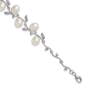 Sterling Silver Rhodium-plated 6-8mm Teardrop White Freshwater Cultured Pearl and CZ Leaf 7 inch with 1 inch Extender Bracelet