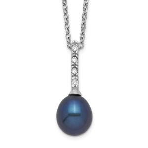 Sterling Silver Rhodium-plated 7-8mm Black Teardrop Freshwater Cultured Pearl and CZ 17 inch Necklace