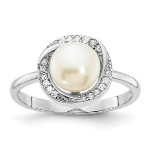 Sterling Silver Rhodium-plated 7-8mm Button White Freshwater Cultured Pearl and CZ Ring - QR-58FAF5C7-5097