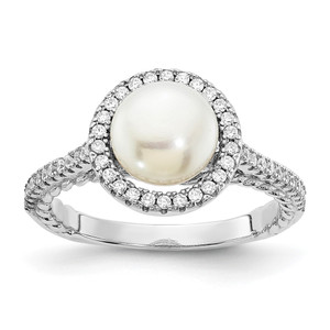 Sterling Silver Rhodium-plated 7-8mm Button White Freshwater Cultured Pearl and CZ Ring - QR-C85555EC-5307