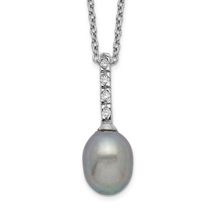 Sterling Silver Rhodium-plated 7-8mm Grey Teardrop Freshwater Cultured Pearl and CZ 17 inch Necklace