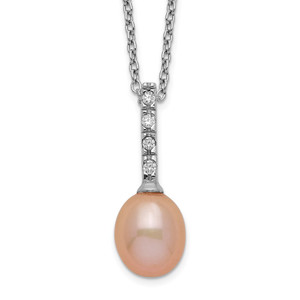 Sterling Silver Rhodium-plated 7-8mm Pink Teardrop Freshwater Cultured Pearl and CZ 17 inch Necklace