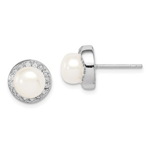 Sterling Silver Rhodium-plated 7-8mm White Button Freshwater Cultured Pearl and CZ Post Earrings - QE-256B2BAD-9225