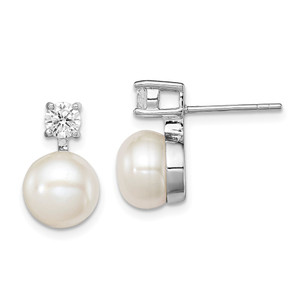 Sterling Silver Rhodium-plated 7-8mm White Button Freshwater Cultured Pearl and CZ Post Earrings - QE-CA8D5068-8780