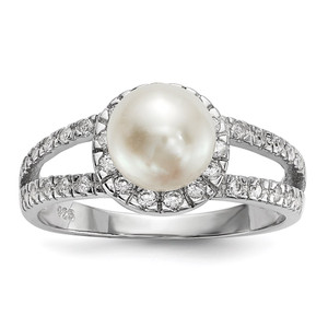 Sterling Silver Rhodium-plated 7-8mm White Button Freshwater Cultured Pearl and CZ Ring - QR-5E683E3A-9887
