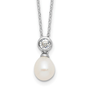 Sterling Silver Rhodium-plated 7-8mm White Rice Freshwater Cultured Pearl and CZ 17 inch Necklace