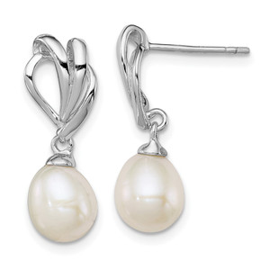 Sterling Silver Rhodium-plated 7-8mm White Rice Freshwater Cultured Pearl Post Dangle Earrings - QE-BB6FF1A7-7126